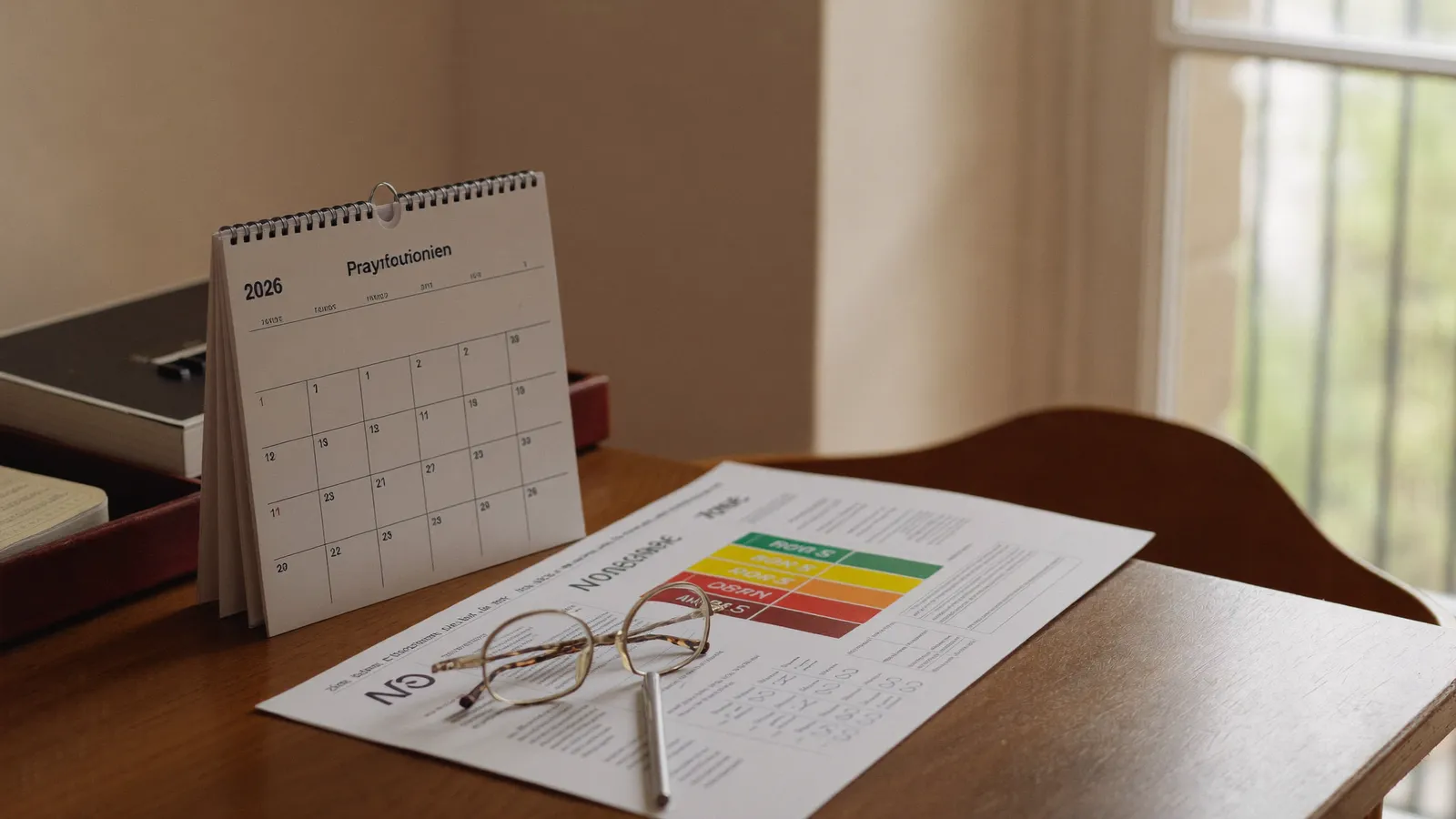 Calendrier 2026 posé près d'un rapport de diagnostic de performance énergétique à Montpellier