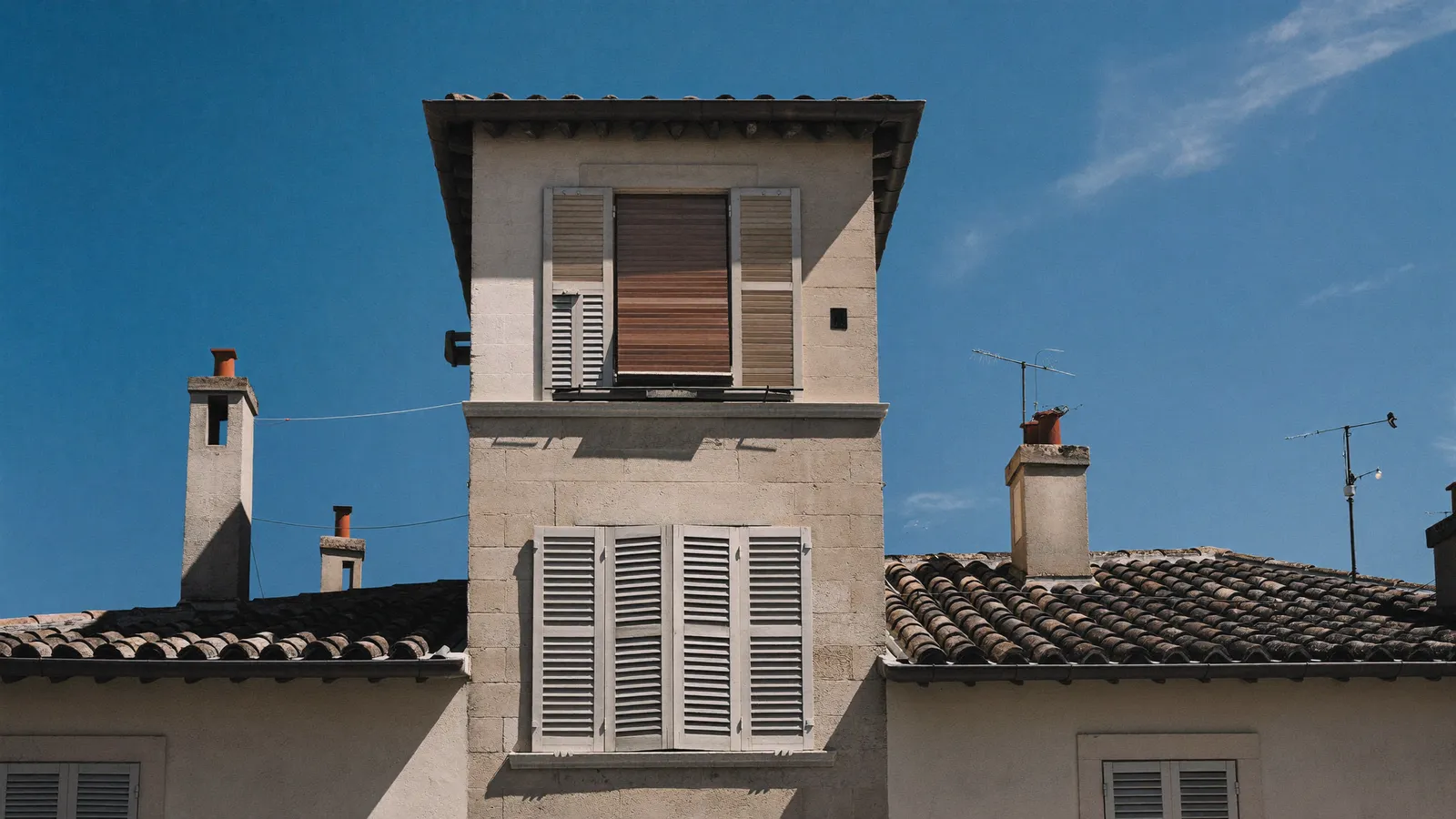 Façade montpelliéraine aux volets fermés et persiennes contre le soleil d'été